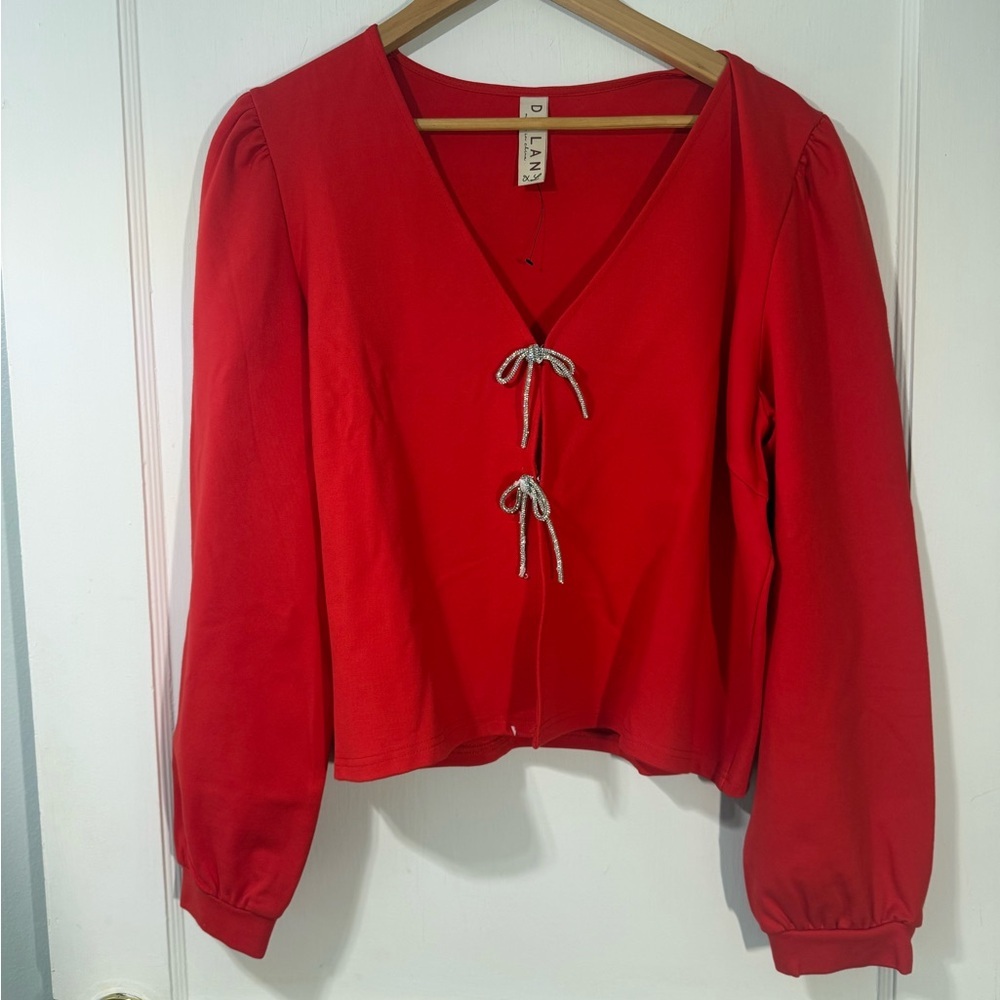 New Dylan Vibrant Red Blouse with Bow Accents - Picture 6 of 8
